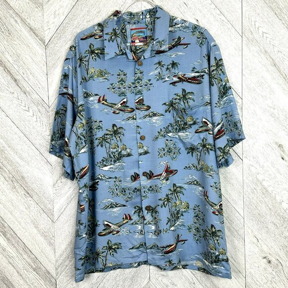 Reyn Spooner x Joe Kealoha Shirt Mens XL Hawaiian Aloha Airplane Palm Tree - Picture 1 of 4